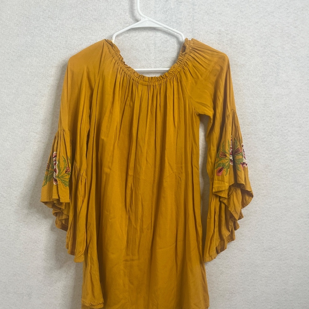 Mustard Embroidered Bell Sleeve Peasant Boho Tunic Top - Picture 2 of 7